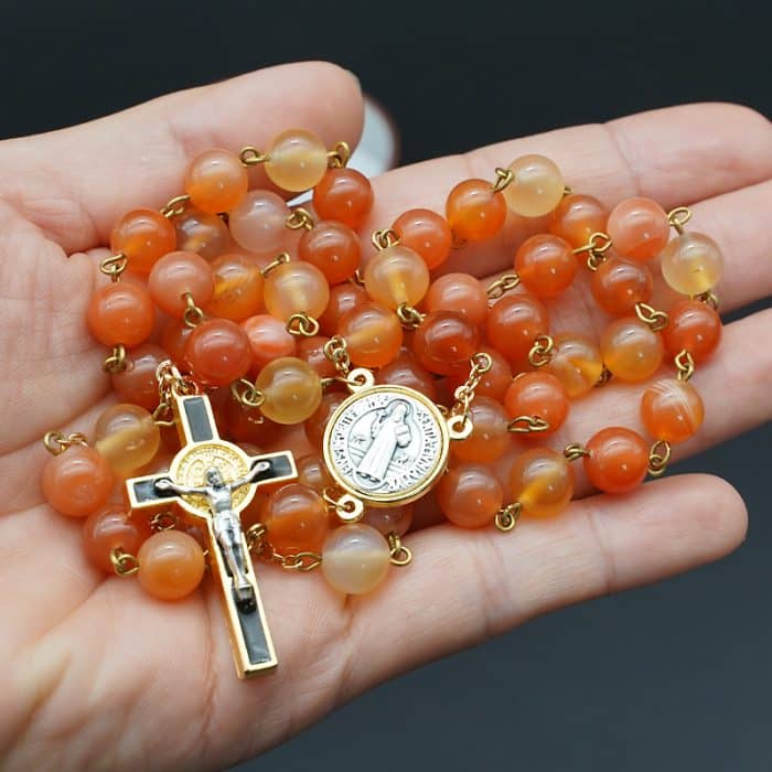 Rosary - Natural Agate with Gold Benedict - 8 mm Catholic religious art