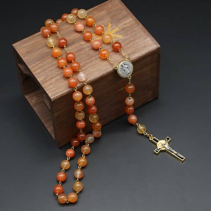Rosary - Natural Agate with Gold Benedict - 8 mm Catholic religious art