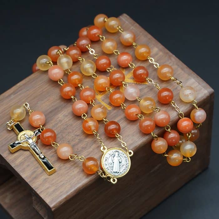 Rosary - Natural Agate with Gold Benedict - 8 mm Catholic religious art