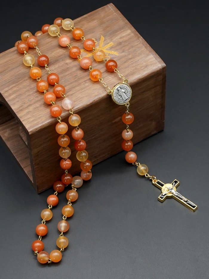 Rosary - Natural Agate with Gold Benedict - 8 mm Catholic religious art