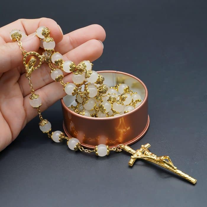 白玉髓玫瑰念珠 - 配意大利配件 - 优雅项链或祈祷玫瑰念珠 Catholic religious art