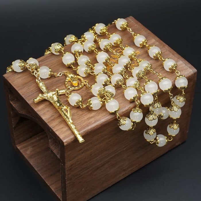 白玉髓玫瑰念珠 - 配意大利配件 - 优雅项链或祈祷玫瑰念珠 Catholic religious art