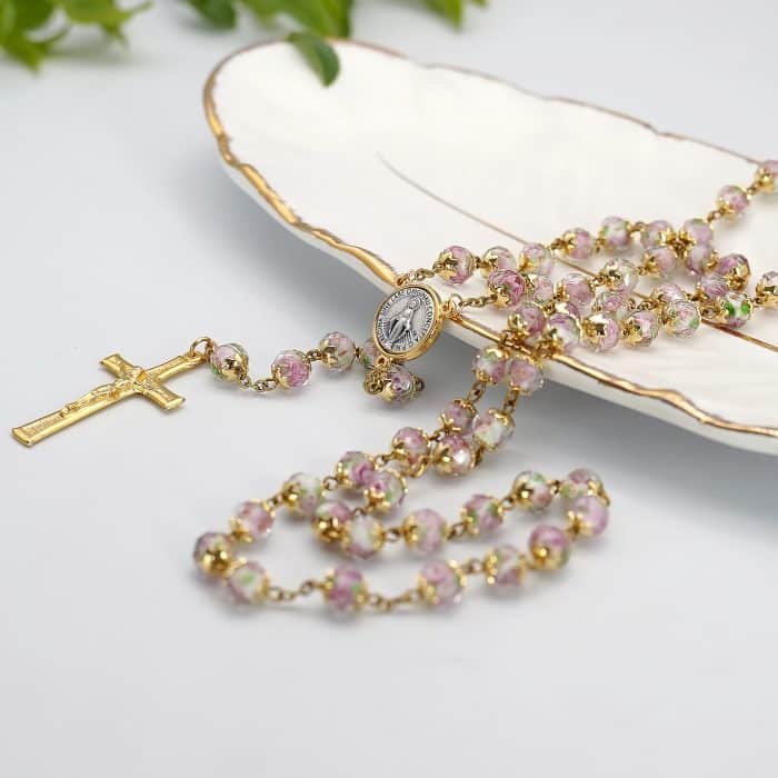 玫瑰念珠-显灵圣母-8mm珠琉璃内花原创-修女手工制作-配意大利配件 Catholic religious art