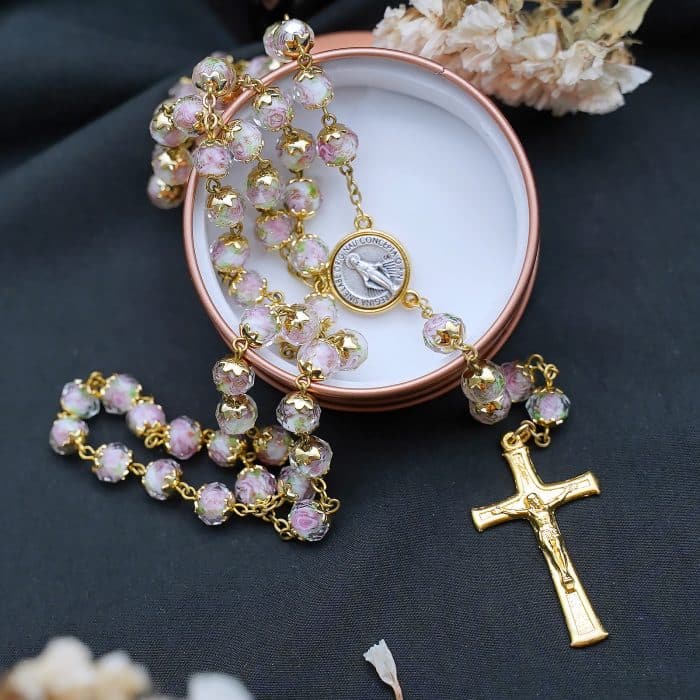 玫瑰念珠-显灵圣母-8mm珠琉璃内花原创-修女手工制作-配意大利配件 Catholic religious art