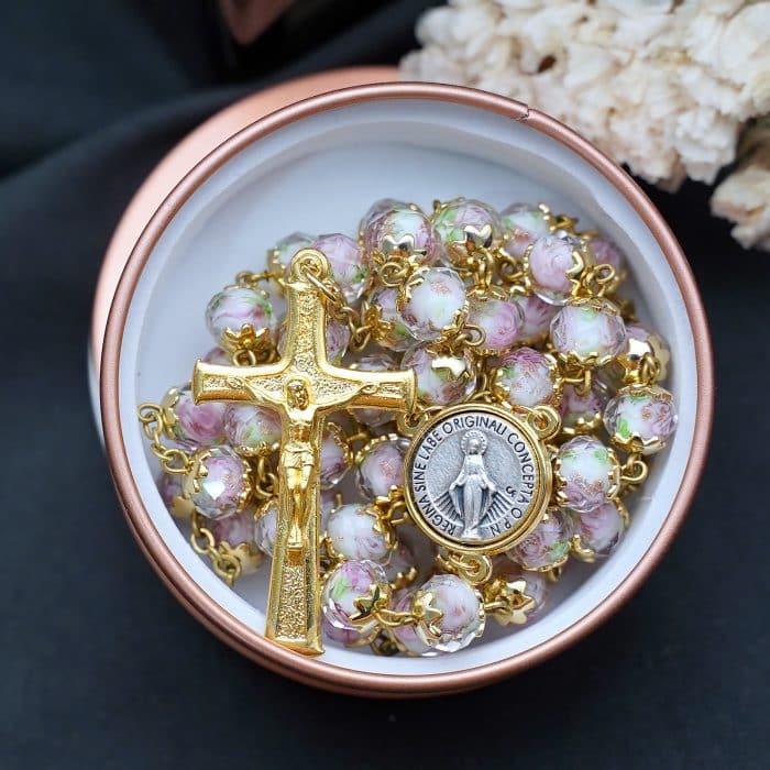 玫瑰念珠-显灵圣母-8mm珠琉璃内花原创-修女手工制作-配意大利配件 Catholic religious art