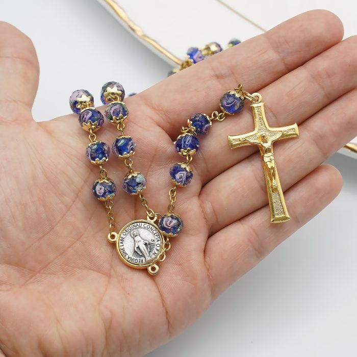 玫瑰念珠-显灵圣母-8mm珠琉璃内花原创-修女手工制作-配意大利配件 Catholic religious art