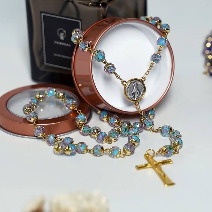 玫瑰念珠-显灵圣母-8mm珠琉璃内花原创-修女手工制作-配意大利配件 Catholic religious art