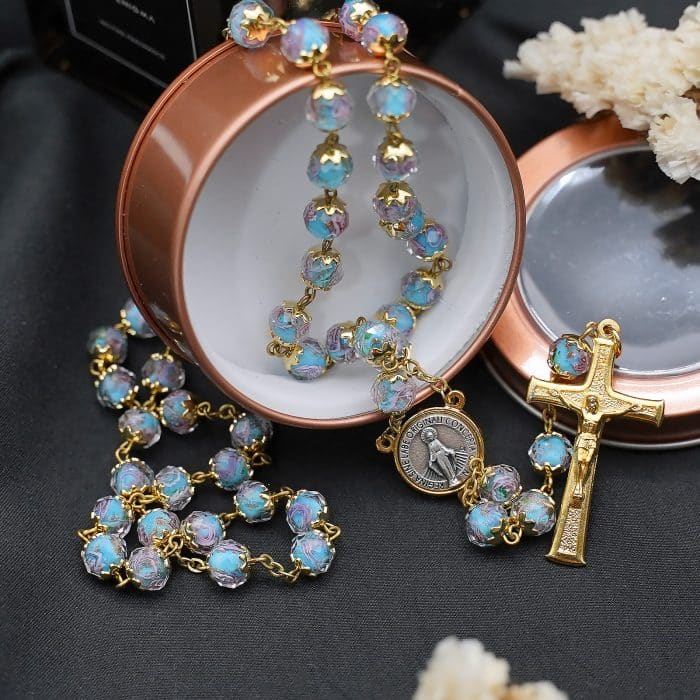 玫瑰念珠-显灵圣母-8mm珠琉璃内花原创-修女手工制作-配意大利配件 Catholic religious art