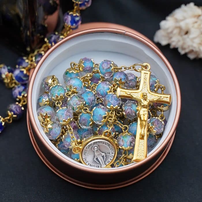 玫瑰念珠-显灵圣母-8mm珠琉璃内花原创-修女手工制作-配意大利配件 Catholic religious art