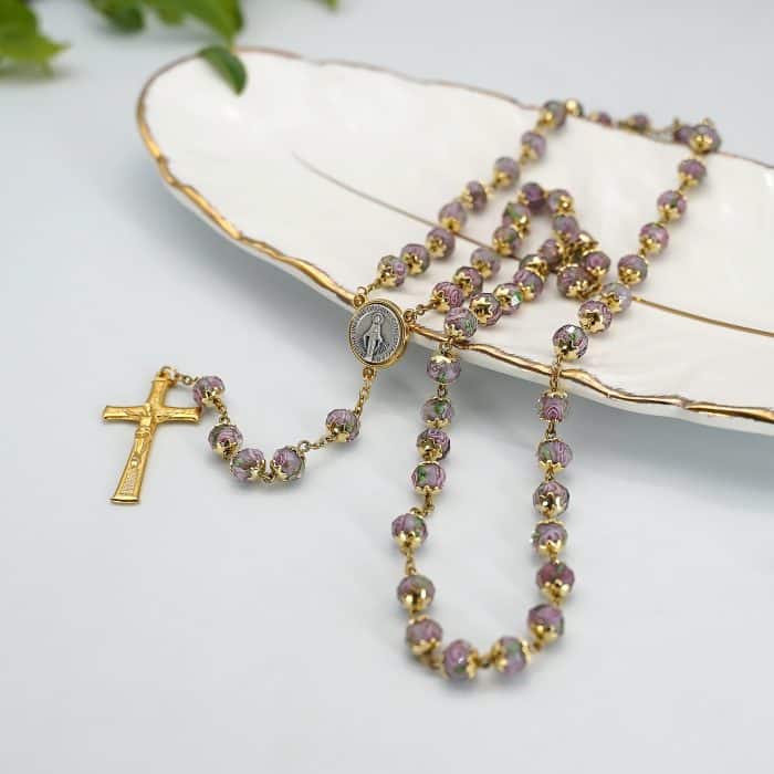 玫瑰念珠-显灵圣母-8mm珠琉璃内花原创-修女手工制作-配意大利配件 Catholic religious art