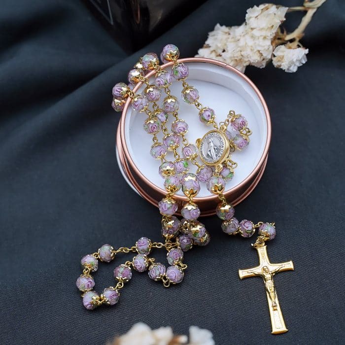 玫瑰念珠-显灵圣母-8mm珠琉璃内花原创-修女手工制作-配意大利配件 Catholic religious art