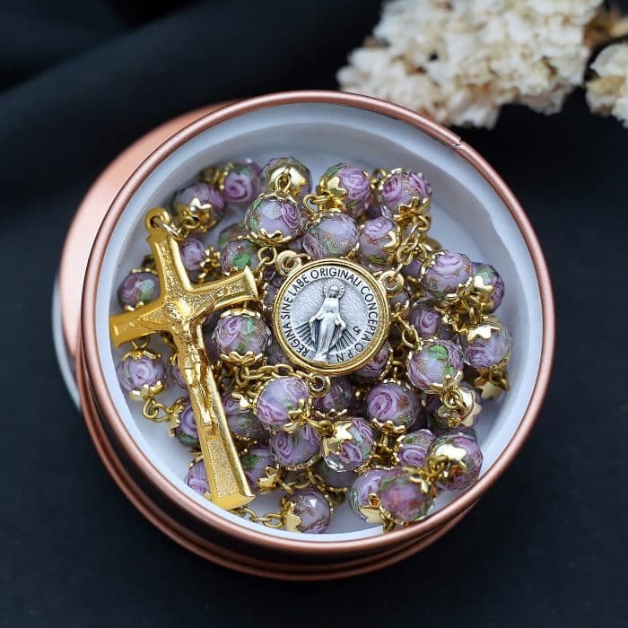 玫瑰念珠-显灵圣母-8mm珠琉璃内花原创-修女手工制作-配意大利配件 Catholic religious art