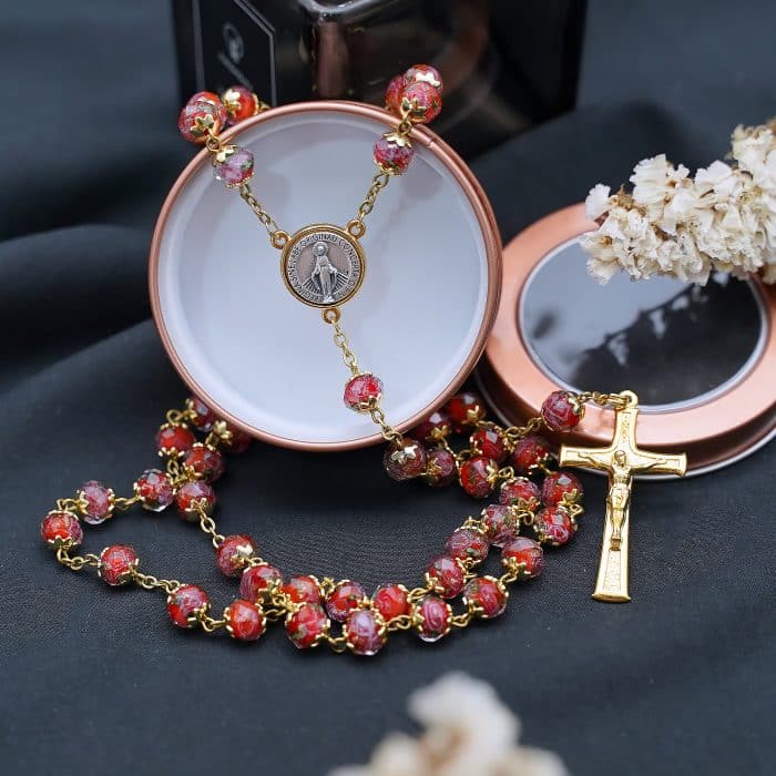 玫瑰念珠-显灵圣母-8mm珠琉璃内花原创-修女手工制作-配意大利配件 Catholic religious art