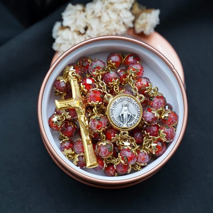 玫瑰念珠-显灵圣母-8mm珠琉璃内花原创-修女手工制作-配意大利配件 Catholic religious art