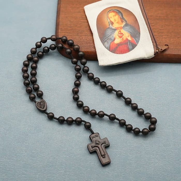 Rosary - 8 mm Beads - Ebony Wood with Cord Catholic religious art