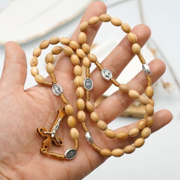 6x9毫米橄榄木珠玫瑰念珠绳编上主慈悲耶稣显灵圣母与圣本笃 Catholic religious art