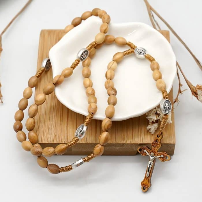 6x9毫米橄榄木珠玫瑰念珠绳编上主慈悲耶稣显灵圣母与圣本笃 Catholic religious art