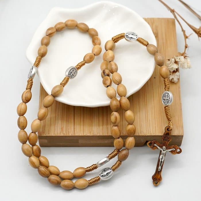 6x9毫米橄榄木珠玫瑰念珠绳编上主慈悲耶稣显灵圣母与圣本笃 Catholic religious art
