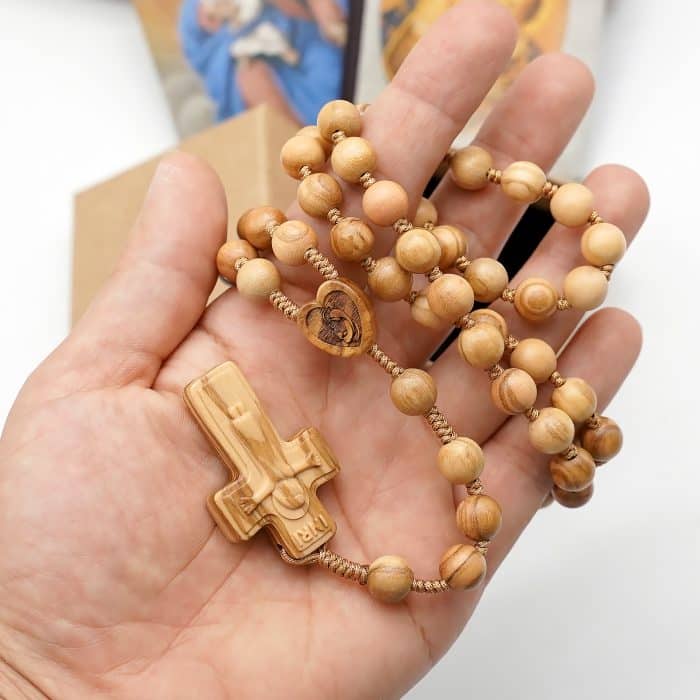 手工橄榄木绳编玫瑰念珠 - 附赠袋子与卡片 Catholic religious art