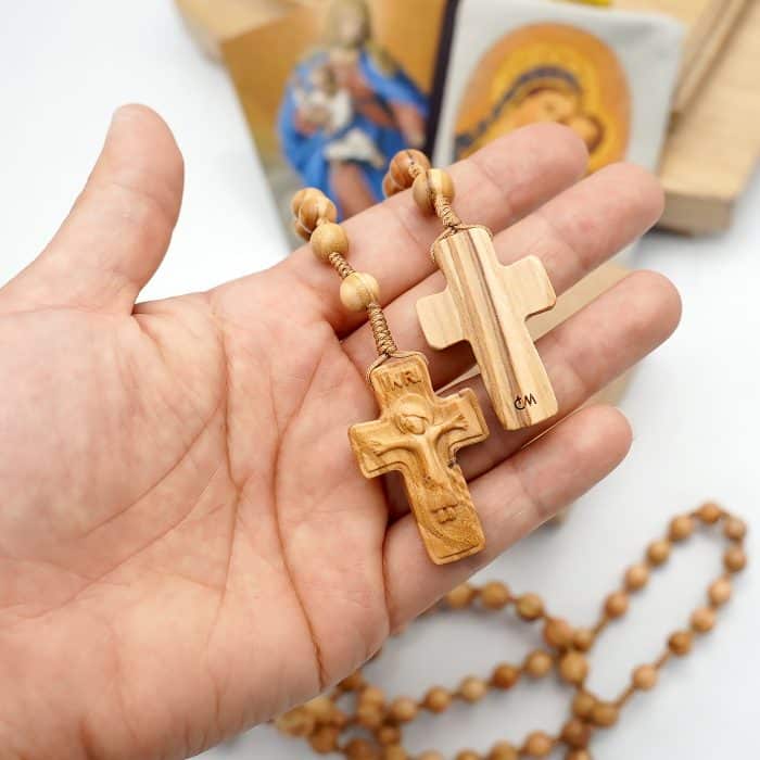 手工橄榄木绳编玫瑰念珠 - 附赠袋子与卡片 Catholic religious art