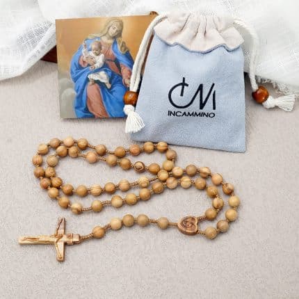 玫瑰念珠-圣母抱耶稣- 绳编橄榄木珠-7/8mm（送念珠包）