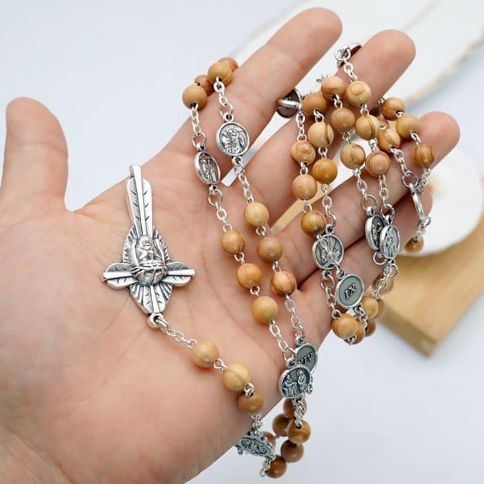 手工橄榄木苦路念珠 - 耶稣圣面主题 - 意大利祈祷配件 Catholic religious art
