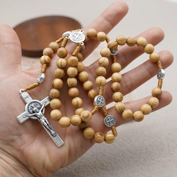 手工圣本笃玫瑰念珠 - 橄榄木珠与祈祷卡 Catholic religious art