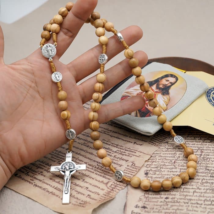 手工圣本笃玫瑰念珠 - 橄榄木珠与祈祷卡 Catholic religious art
