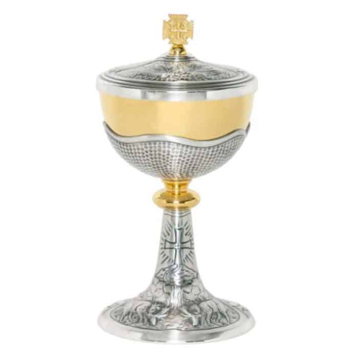 浮雕雕刻金属圣体盒，杯直径12厘米，高24.5厘米 Catholic religious art