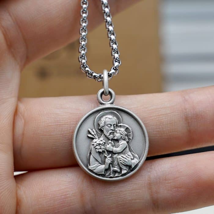 法国银圣牌-圣若瑟-18mm-送钛钢链 Catholic religious art