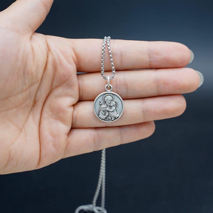 法国银圣牌-圣若瑟-18mm-送钛钢链 Catholic religious art