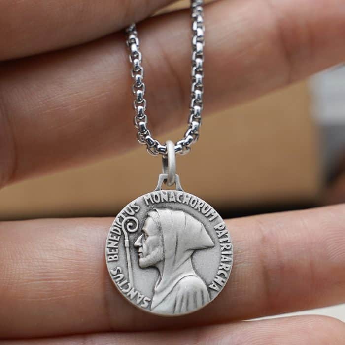 法国银圣牌-Fontgombault修道院圣本笃-18mm-送钛钢链 Catholic religious art