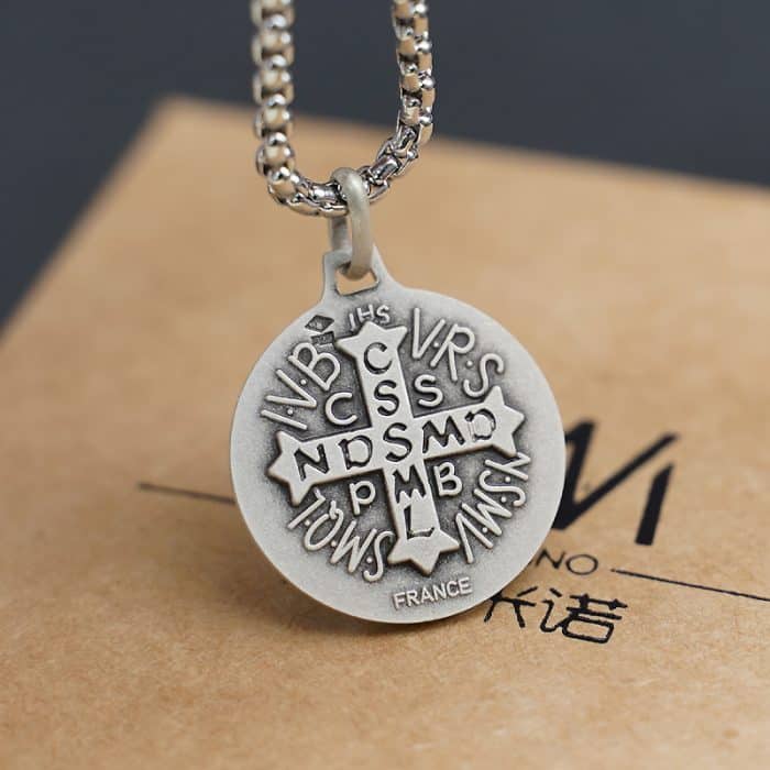 法国银圣牌-Fontgombault修道院圣本笃-18mm-送钛钢链 Catholic religious art