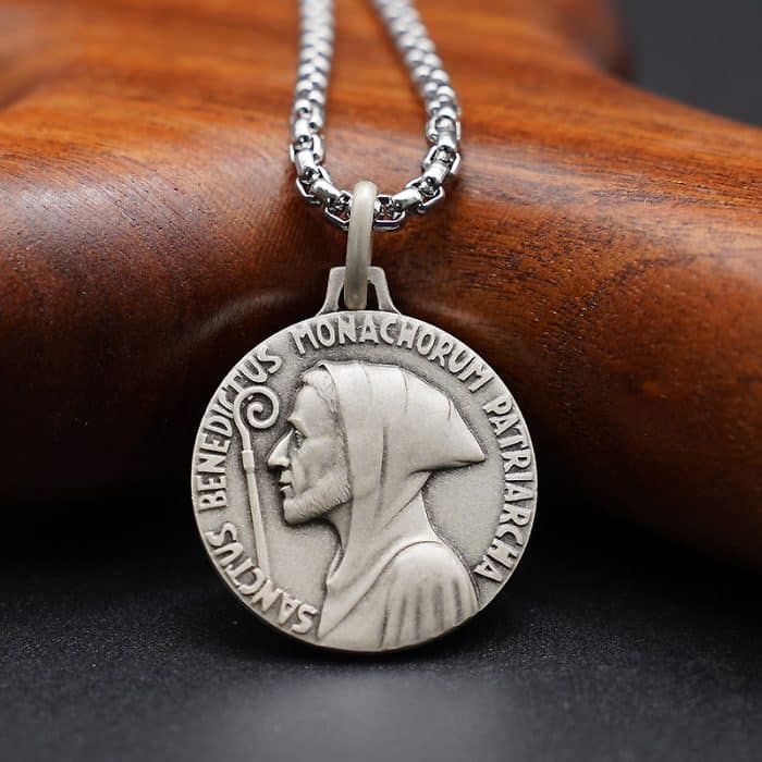 法国银圣牌-Fontgombault修道院圣本笃-18mm-送钛钢链 Catholic religious art