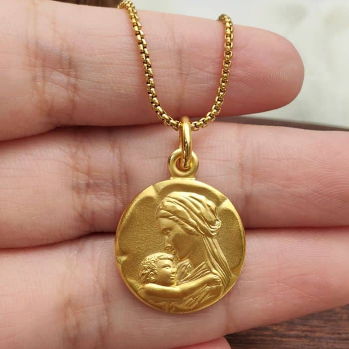 法国银圣牌- 温柔的圣母 - 金色 - 1.8cm Catholic religious art