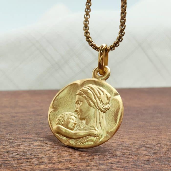 法国银圣牌- 温柔的圣母 - 金色 - 1.8cm Catholic religious art