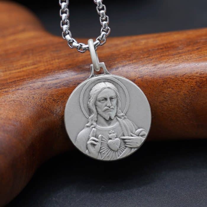 法国银圣牌-耶稣圣心-18mm-送钛钢链 Catholic religious art