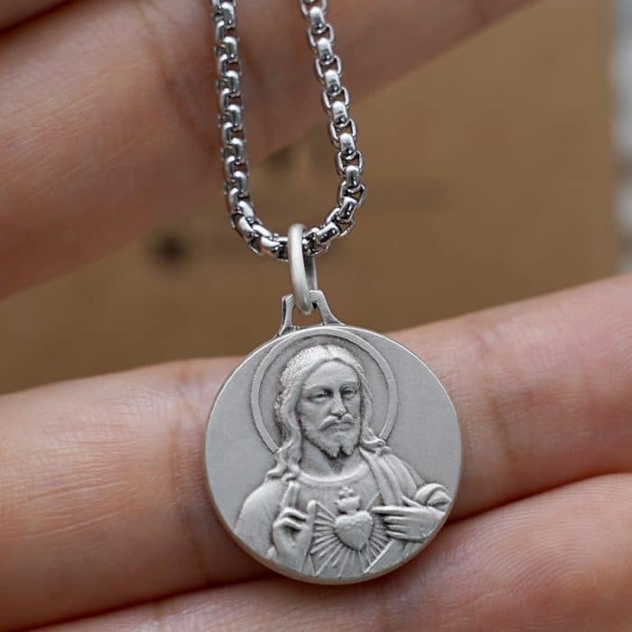 法国银圣牌-耶稣圣心-18mm-送钛钢链 Catholic religious art