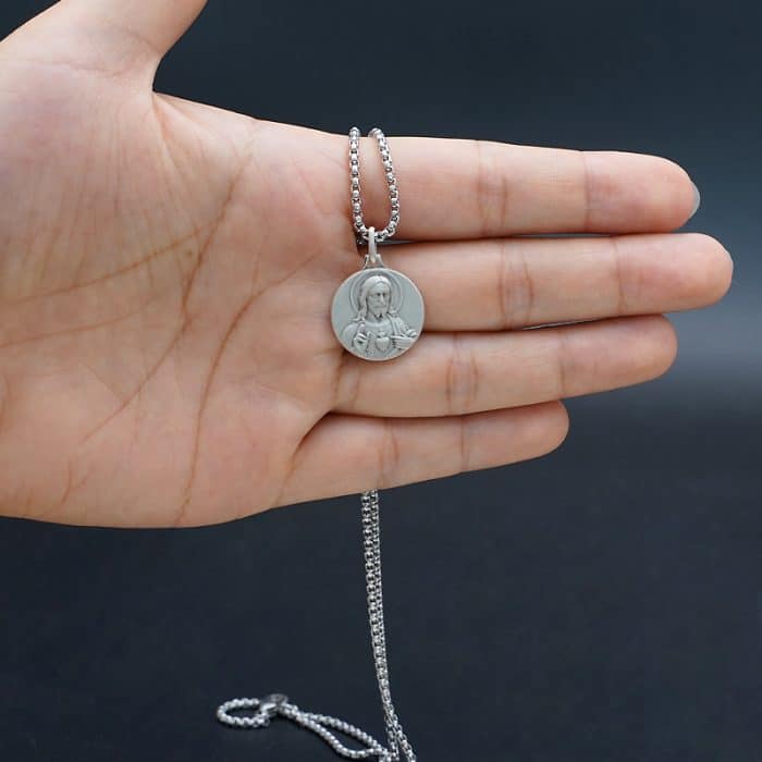 法国银圣牌-耶稣圣心-18mm-送钛钢链 Catholic religious art