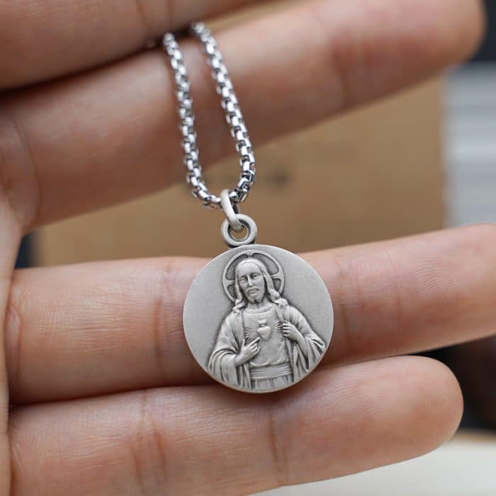 法国银圣牌-耶稣圣心-圣衣圣母18mm-送钛钢链 Catholic religious art