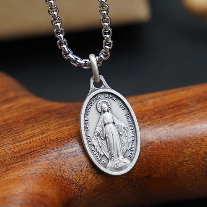 法国银圣牌 - 显灵圣母 - 椭圆形 - 925银 - 1.7x1.2cm Catholic religious art