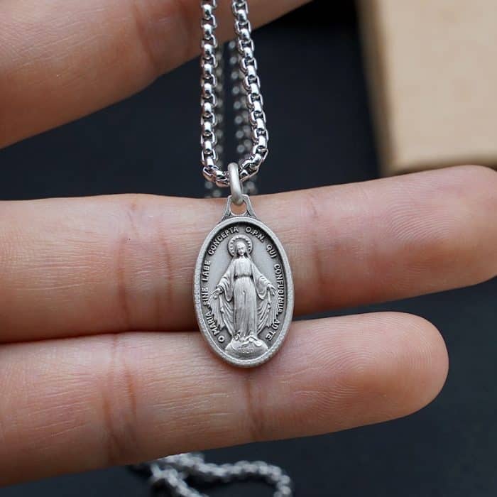 法国银圣牌 - 显灵圣母 - 椭圆形 - 925银 - 1.7x1.2cm Catholic religious art