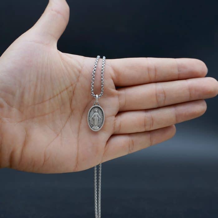 法国银圣牌 - 显灵圣母 - 椭圆形 - 925银 - 1.7x1.2cm Catholic religious art