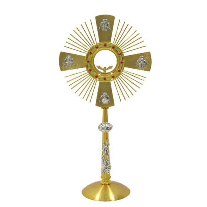 铸造黄铜圣体光，高65厘米，匣直径10厘米，带红色宝石 Catholic religious art