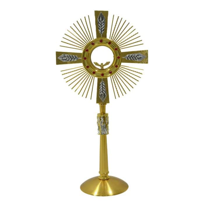 铸造黄铜圣体光，高65厘米，匣直径10厘米，带红色宝石 Catholic religious art