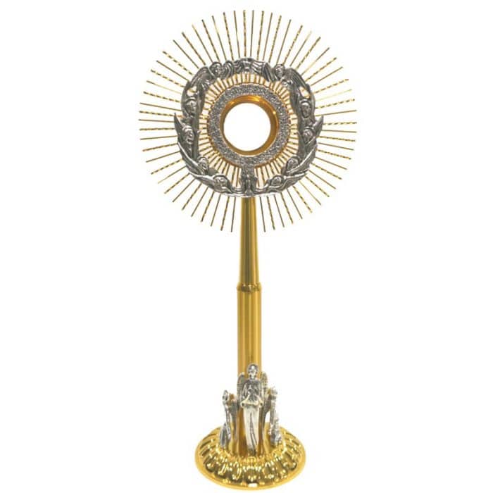 铸造黄铜圣体光，匣直径10厘米，高75厘米，基座带天使 Catholic religious art