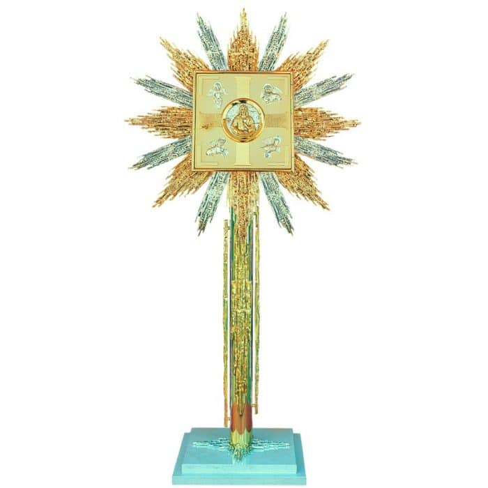 壁挂式双色黄铜铸造圣体龛（银/金），带展示，门尺寸29x29厘米，内盒29x29x26厘米，放射线75x75厘米 Catholic religious art