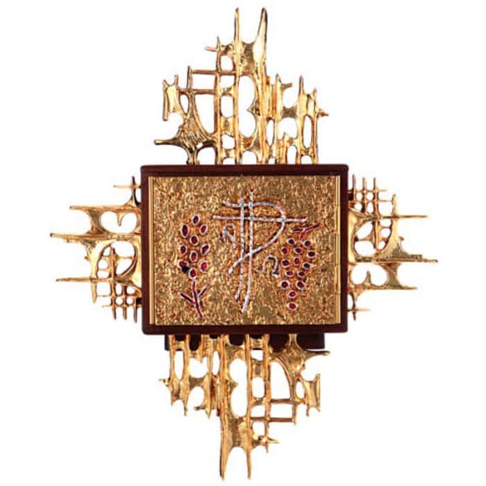 木制壁挂圣体龛，双色黄铜铸造门（银/金），带放射线，尺寸52x41厘米 Catholic religious art