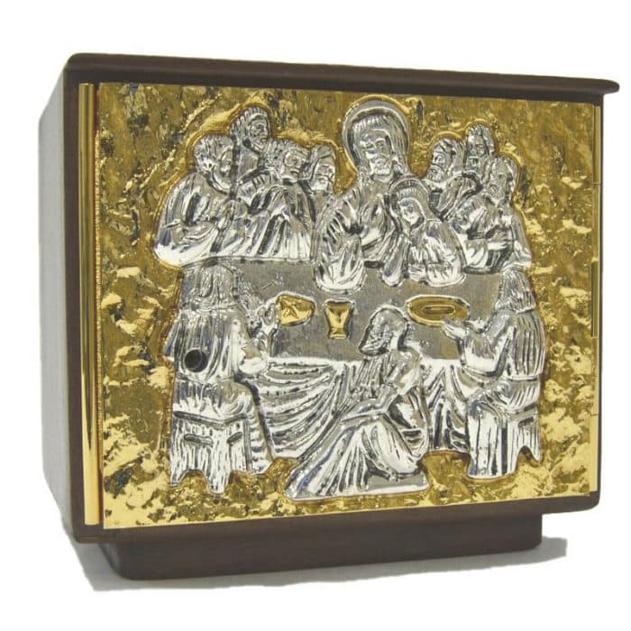 木制桌面圣体龛，双色黄铜铸造门（银/金），内饰24K金色，尺寸（宽x高x深）21x18x18厘米 Catholic religious art