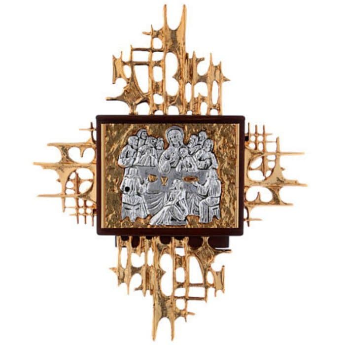 木制壁挂圣体龛，双色黄铜铸造门（银/金），带放射线，尺寸52x41厘米 Catholic religious art